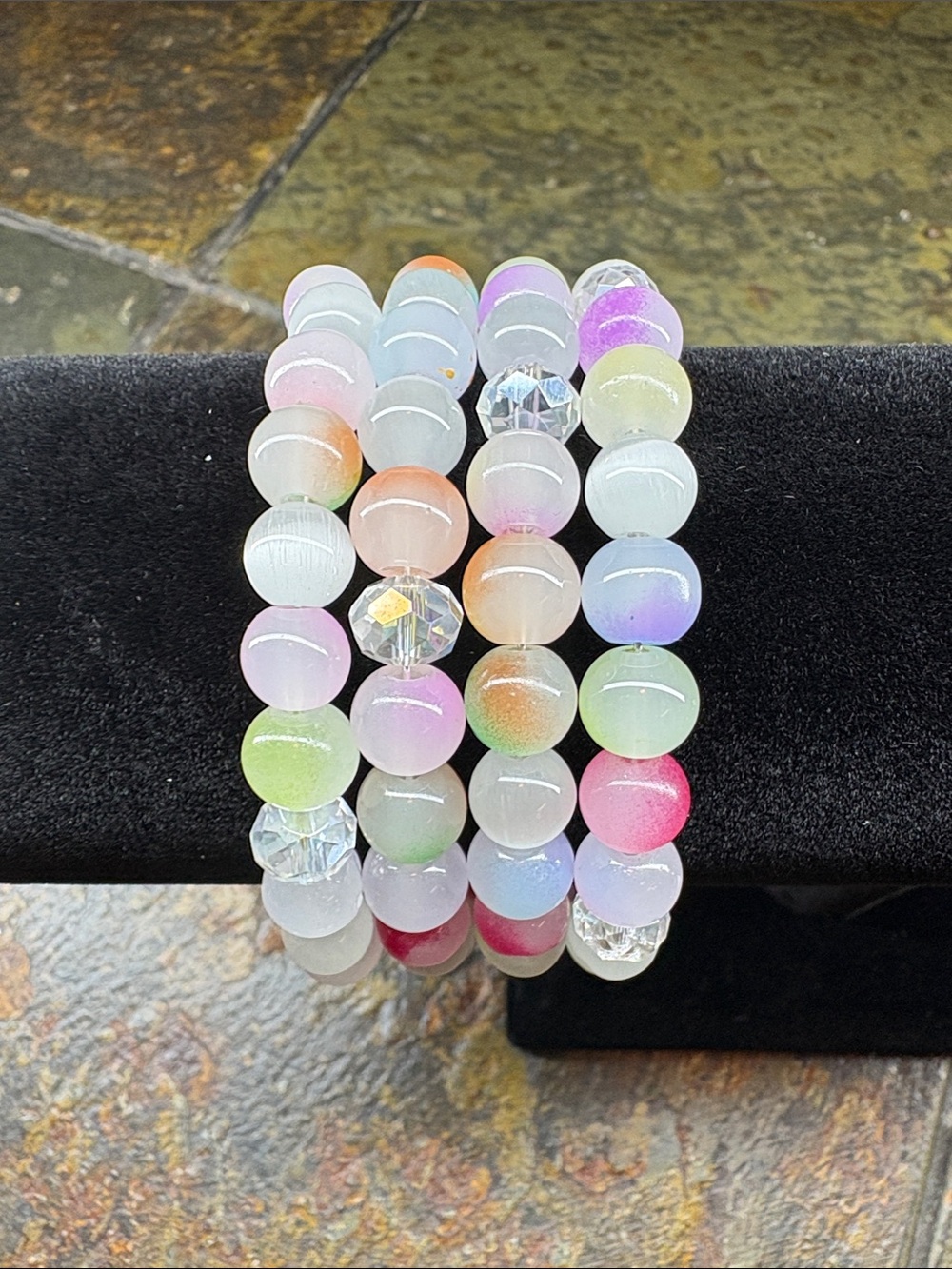 Multicolor Frosted Glass and crystal Bead memory wire Bracelet - Women Jewelry